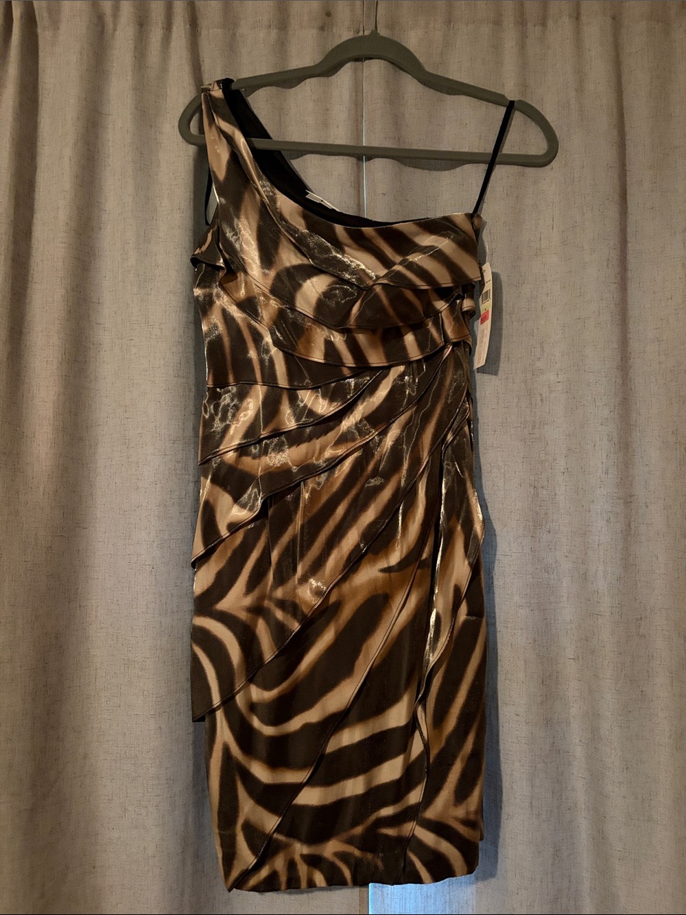 London Times One-Shoulder Zebra-Print Cocktail Dress in Brown and Black